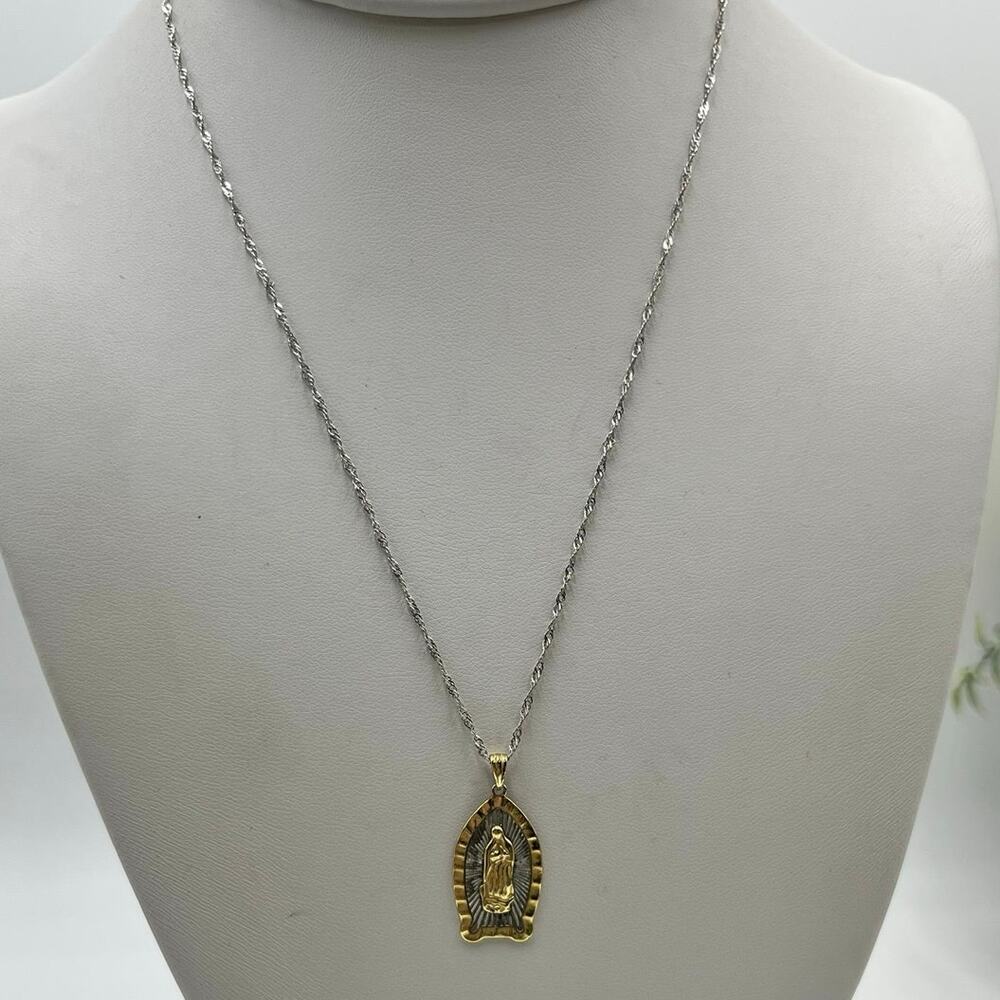 N 925 Sterling Silver Vermeil Our Lady of Guadalupe Pendant and Singapore chain.
